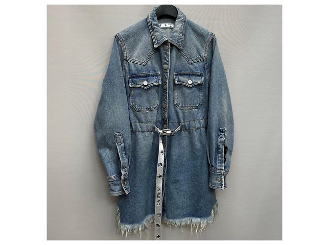 Off White Denimkleid mit Jacquard-Gürtel mit neuem Logo (SKU Blau - Ansicht 3