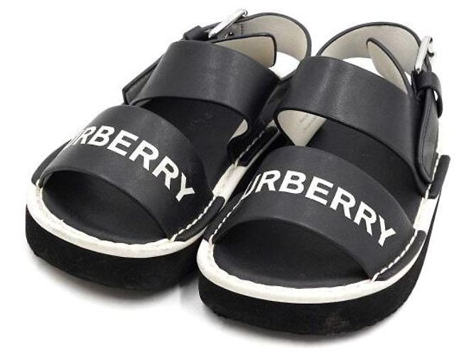Burberry Sandali unisex per bambini in pelle nera e bianca con logo - vista 3