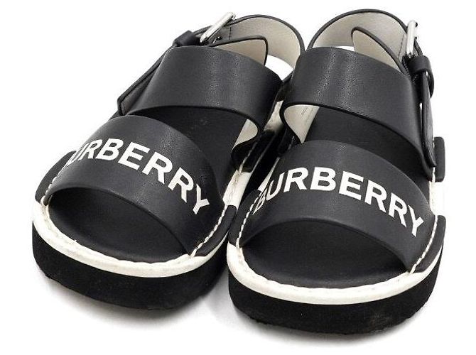 Burberry Sandali unisex per bambini in pelle nera e bianca con logo - vista 5