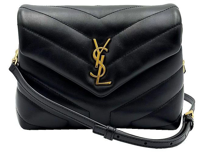 Saint Laurent Mini borsa a tracolla Lulu Toy in pelle di vitello nera con monogramma dorato Nero - vista 2