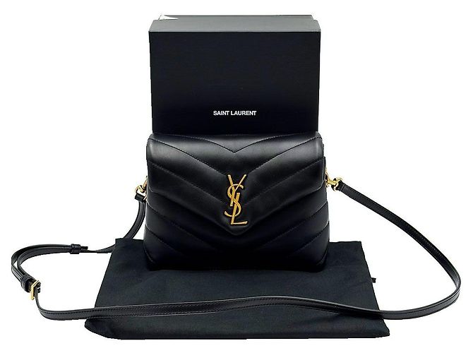 Saint Laurent Mini borsa a tracolla Lulu Toy in pelle di vitello nera con monogramma dorato Nero - vista 3