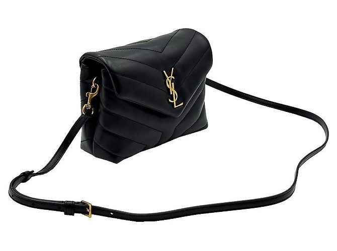 Saint Laurent Mini borsa a tracolla Lulu Toy in pelle di vitello nera con monogramma dorato Nero - vista 4