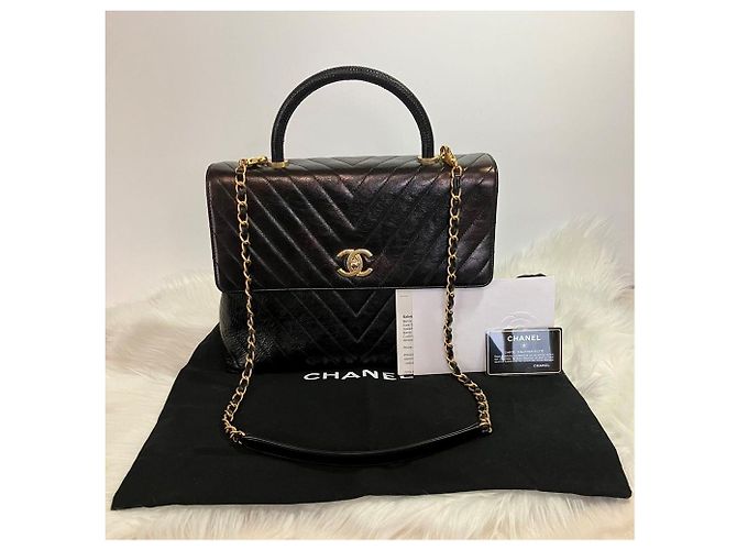 Chanel Pelle di vitello Chevron Coco Handle Oro Large Nero - vista 2