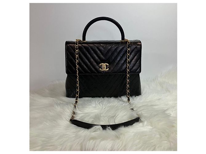Chanel Pelle di vitello Chevron Coco Handle Oro Large Nero - vista 3