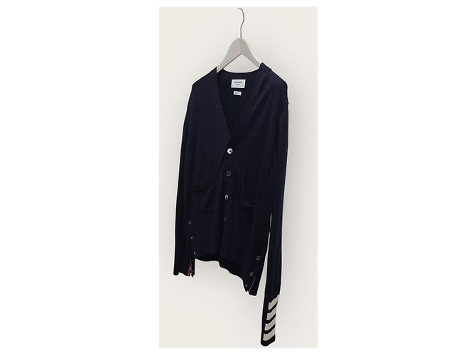 Thom Browne Navy Diagonal Stripe Cuff Wool Cardigan Blue - view 2