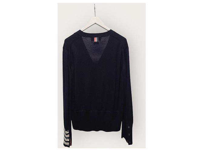 Thom Browne Navy Diagonal Stripe Cuff Wool Cardigan Blue - view 4