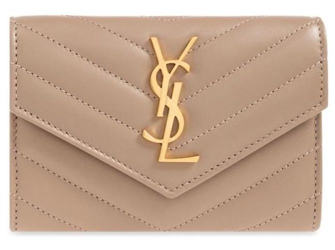 Saint Laurent Portafoglio piccolo con patta Monogram in pelle liscia trapuntata Grigio polveroso Marrone - vista 7