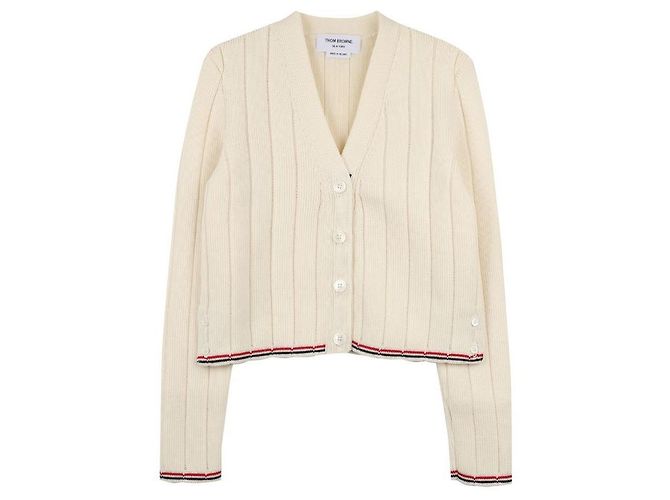 Thom Browne Leder-Pool-Nadel-Rippstrick-Cardigan Weiß - Ansicht 3
