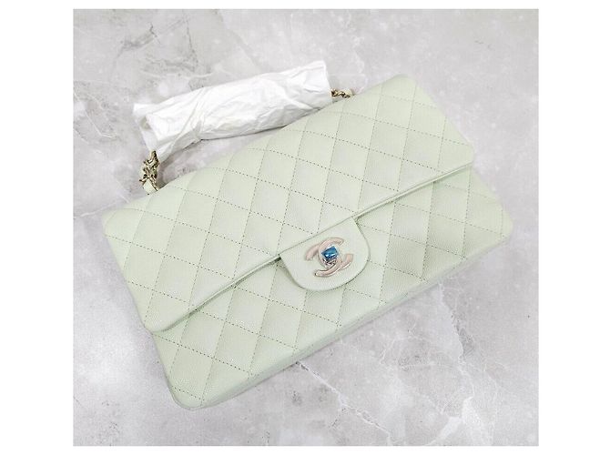 Chanel Borsa Flap con Catena Media Classic Caviar Menta Oro Champagne Verde - vista 4