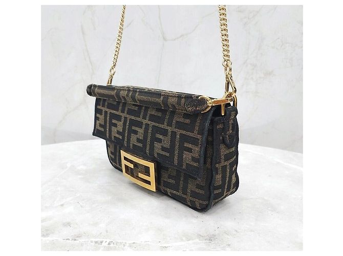Fendi Borsa Baguette Mini FF Jacquard con catena Nero - vista 2
