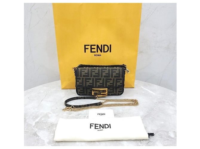 Fendi Borsa Baguette Mini FF Jacquard con catena Nero - vista 8
