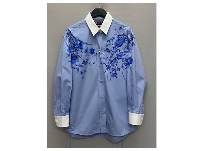 Gucci Blusa de popelina de algodón con estampado floral azul cielo - vista 2