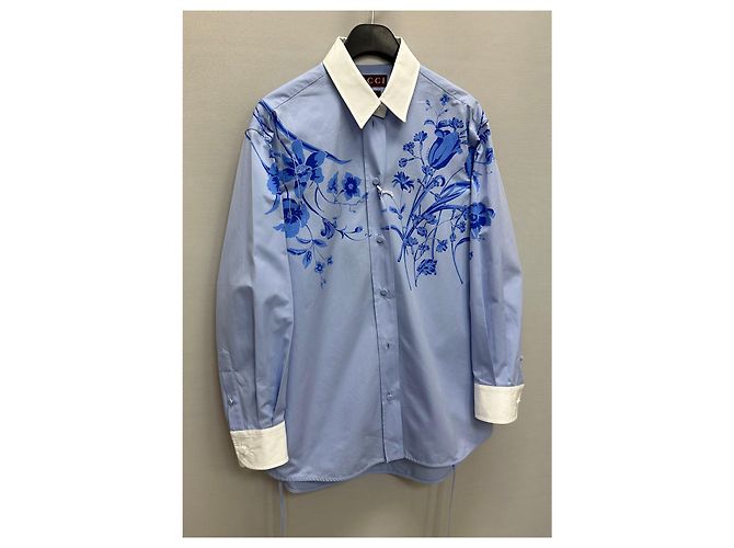 Gucci Blusa de popelina de algodón con estampado floral azul cielo - vista 3