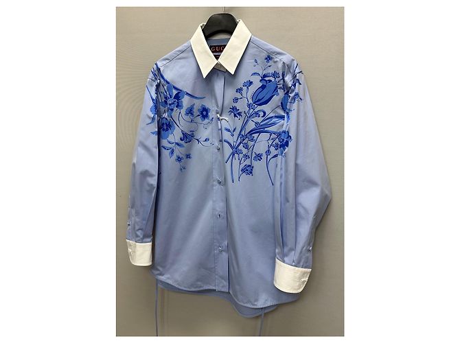 Gucci Blusa de popelina de algodón con estampado floral azul cielo - vista 4