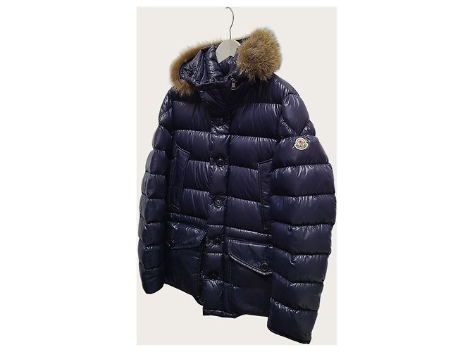 Moncler Pull Cluny acolchoado de pele de guaxinim brilhante azul marinho - vista 2