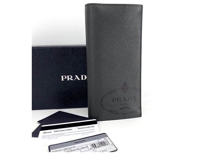 Prada Saffiano Logo Long Wallet Gray Brown - view 2