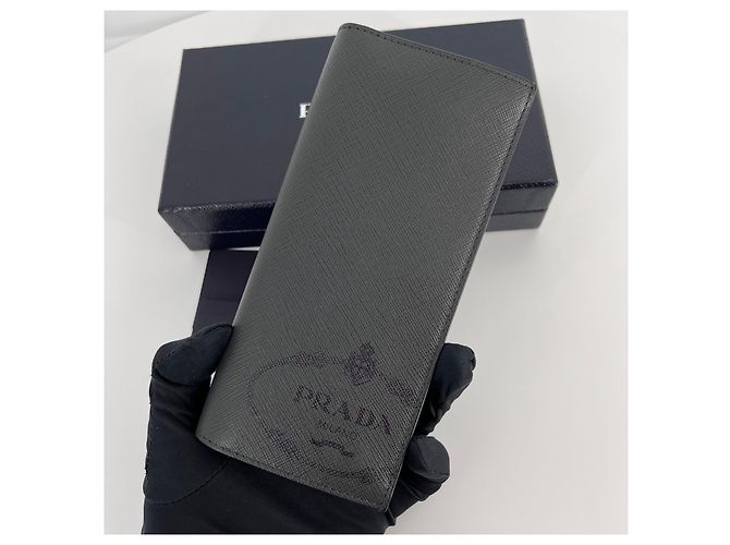 Prada Saffiano Logo Long Wallet Gray Brown - view 3