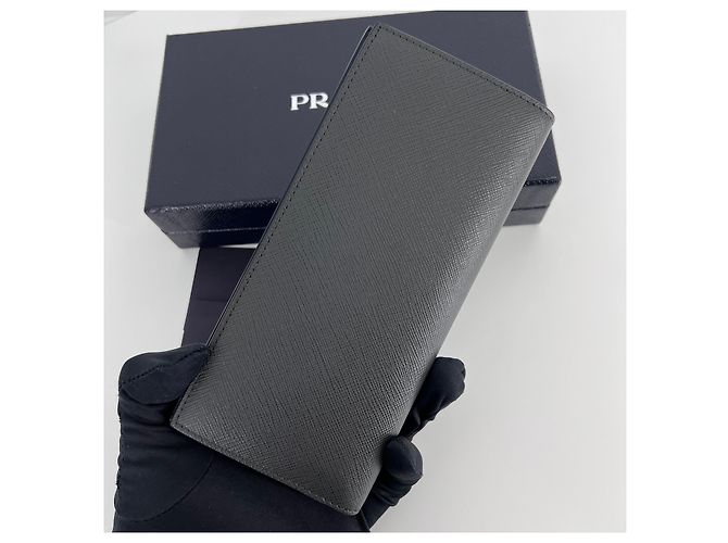 Prada Saffiano Logo Long Wallet Gray Brown - view 4