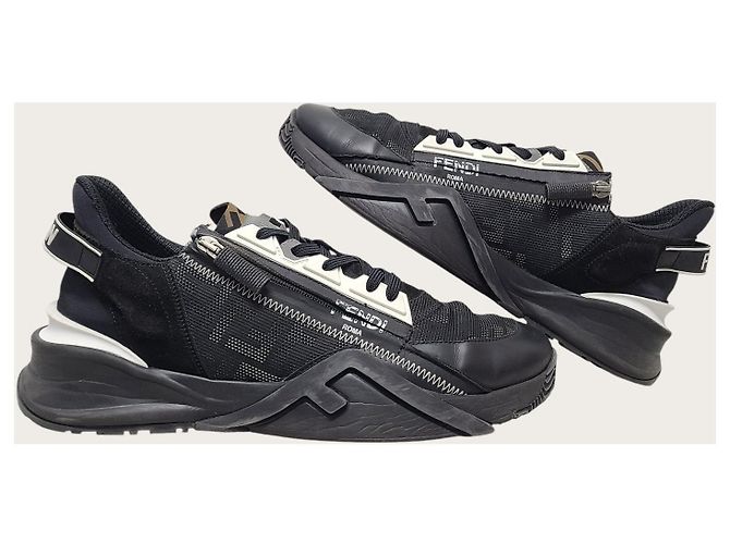 Fendi Sneakers basse in nylon e pelle nera Flow Nero - vista 5