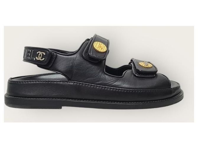 Chanel Sandali con velcro con fascia in pelle e patch con scritte nere Nero - vista 2