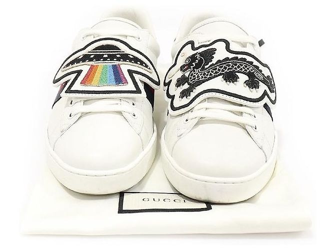 Gucci Sneakers WEB Ace da uomo in pelle di vitello bianca con patch drago UFO Bianco - vista 2
