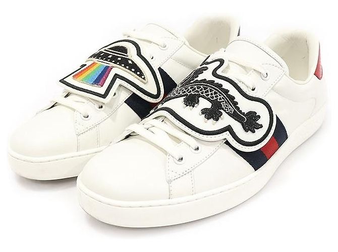 Gucci Sneakers WEB Ace da uomo in pelle di vitello bianca con patch drago UFO Bianco - vista 3