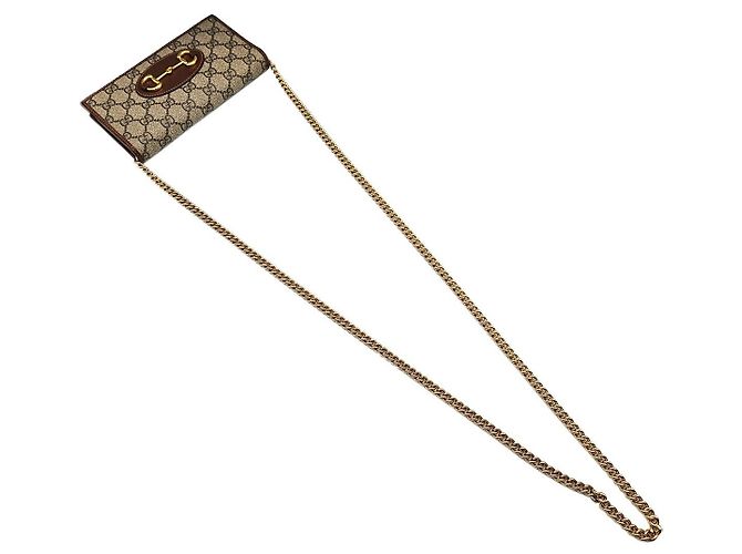 Horsebit 1955 Gucci Portafoglio lungo a tracolla GG Supreme Canvas con bordi in pelle marrone e catena Horsebit - vista 6