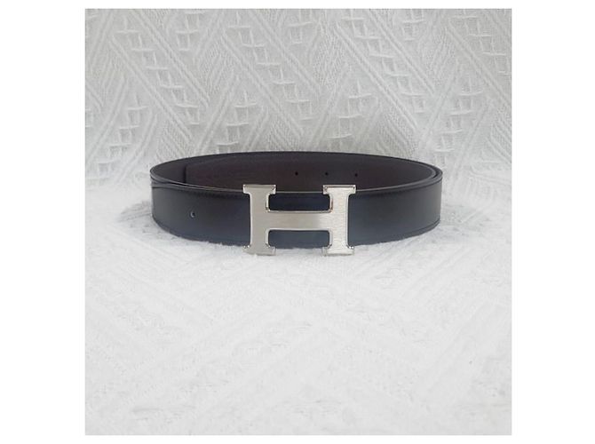 Hermès Buckle Reversible Black Chocolate Silver-Tone Matte Men's Leather Belt Silvery - view 5
