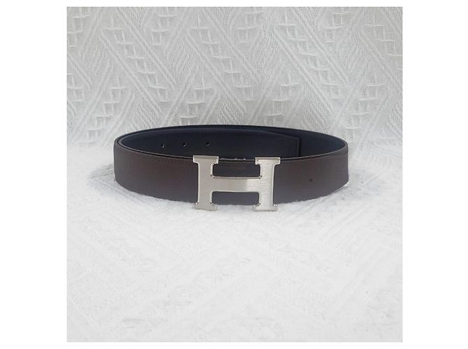Hermès Buckle Reversible Black Chocolate Silver-Tone Matte Men's Leather Belt Silvery - view 6