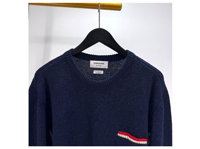 Thom Browne Pull en maille Three Stripes Navy Bleu - vue 6