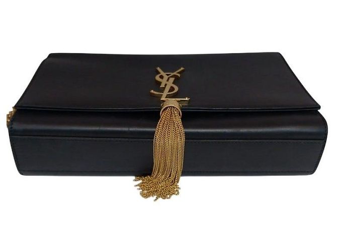 Saint Laurent Borsa a tracolla Kate Medium Chain in pelle nera con nappa dorata Satchel Nero - vista 2