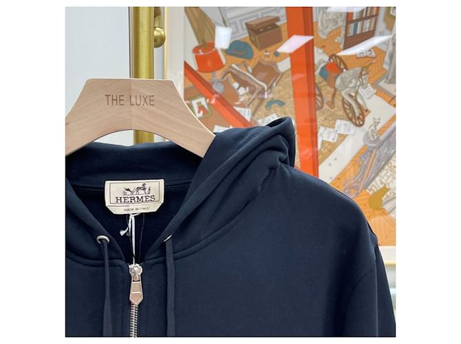Hermès Felpa con cappuccio e zip Ex Libris Silk Patch Navy Blu - vista 3