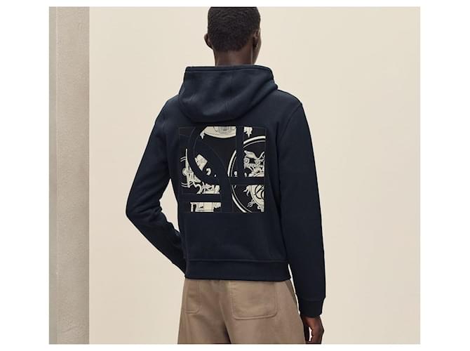 Hermès Felpa con cappuccio e zip Ex Libris Silk Patch Navy Blu - vista 9