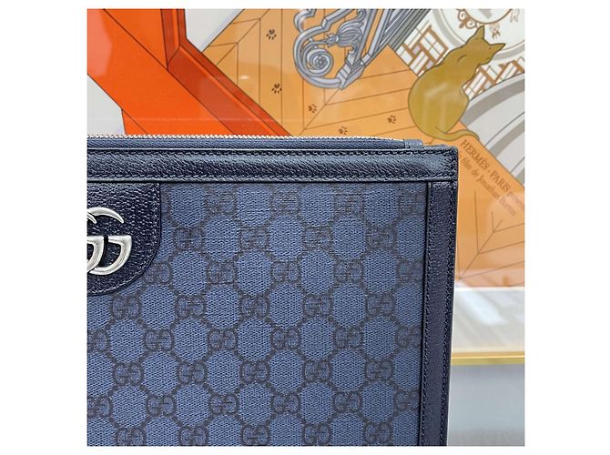 Gucci Clutch Ophidia in tela GG Navy Blu - vista 3