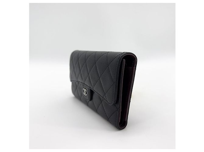 Chanel Portafoglio Flap in Caviar Argento Classico Nero - vista 5