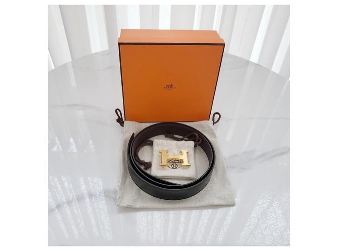 Hermès Reversible Leather Belt with Buckle Black Chocolate Gold Matte Golden - view 11