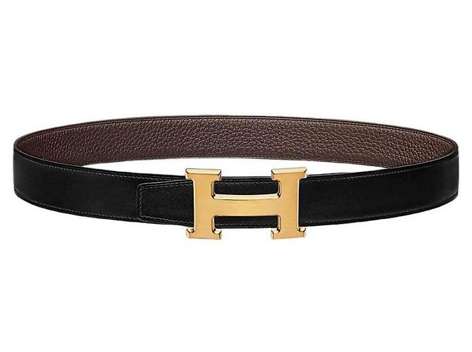Hermès Reversible Leather Belt with Buckle Black Chocolate Gold Matte Golden - view 2