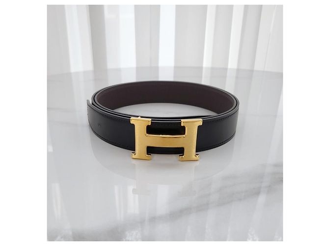 Hermès Reversible Leather Belt with Buckle Black Chocolate Gold Matte Golden - view 5