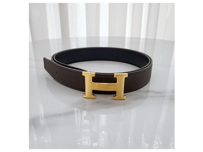 Hermès Reversible Leather Belt with Buckle Black Chocolate Gold Matte Golden - view 6