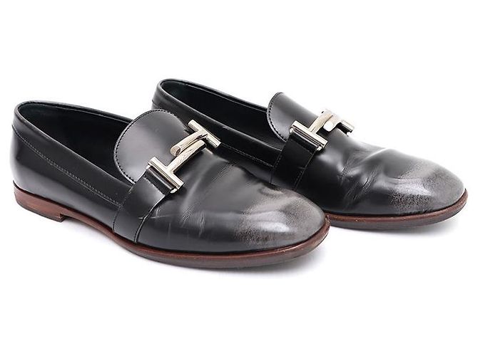 Tod's Mocassino in pelle nero e argento con doppio logo da donna - vista 3