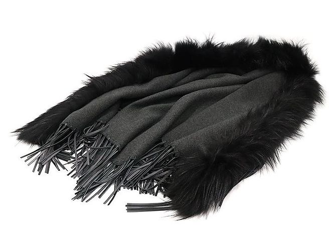 Fendi Poncho Cape in lana e cashmere nero con pelliccia di volpe Marrone - vista 6
