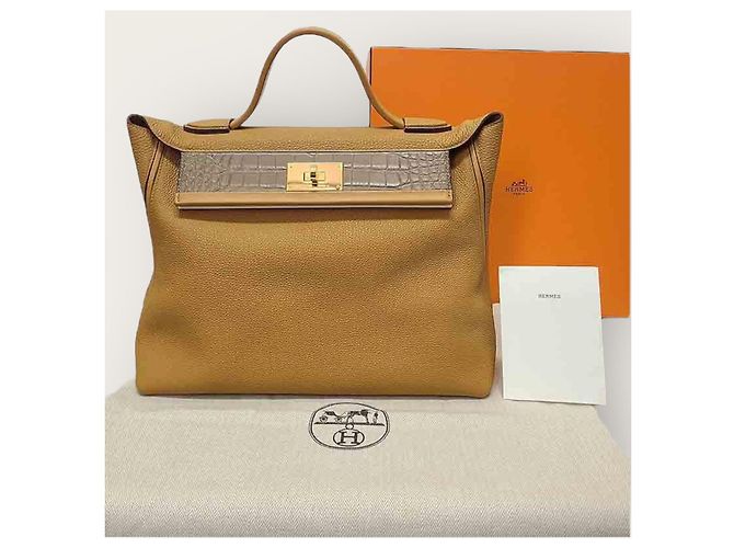 Hermès Borsa Kelly in Alligator Togo Swift Oro Caramello Marrone - vista 8