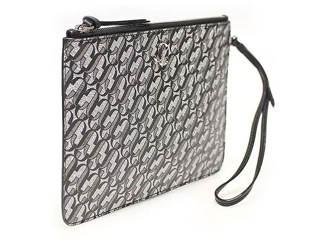 Jimmy Choo Clutch FARA in pelle nera con monogramma JC argento e glitter nero - vista 2