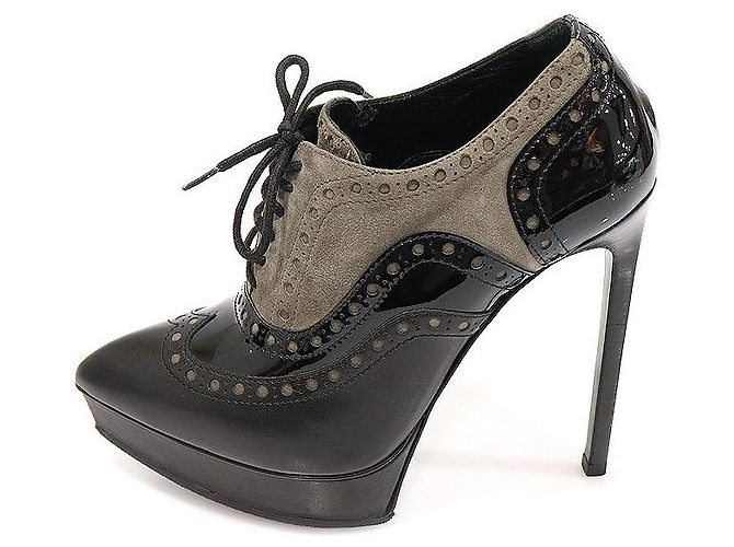 Saint Laurent Décolleté Oxford da donna in pelle nera e scamosciato marrone - vista 3
