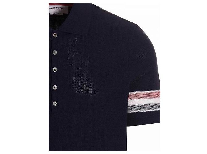 Thom Browne Kurzärmeliges Polohemd aus strukturierter Baumwolle mit Besatz Blau - Ansicht 5