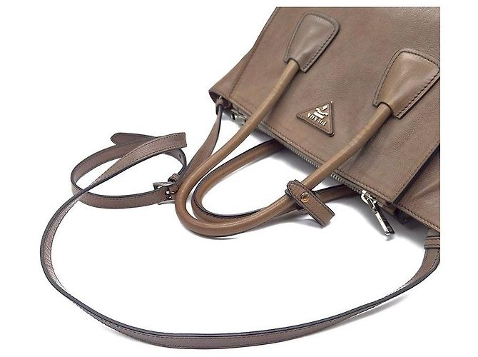 Prada Glace Kalbsleder Double Handle Tote und Schultertasche Braun - Ansicht 5