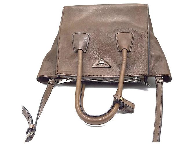 Prada Glace Kalbsleder Double Handle Tote und Schultertasche Braun - Ansicht 6