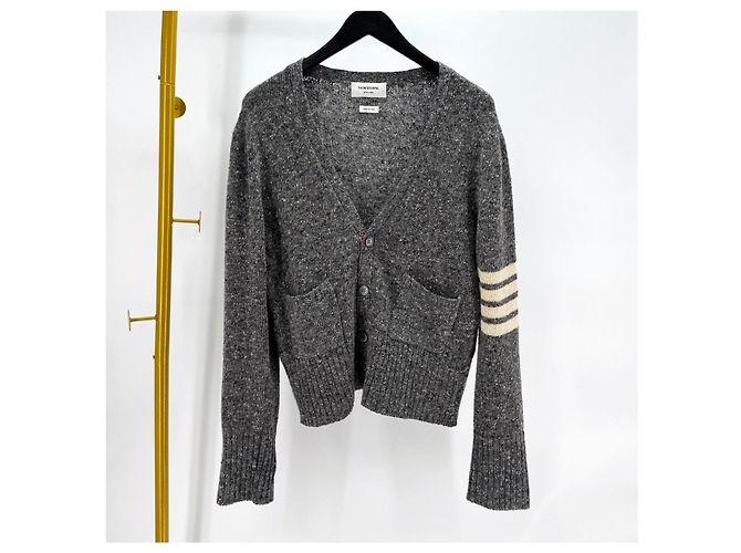 Thom Browne Mohair-Tweed-Cardigan mit diagonalem Armband Grau Braun - Ansicht 3