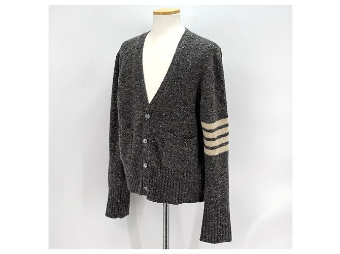 Thom Browne Mohair-Tweed-Cardigan mit diagonalem Armband Grau Braun - Ansicht 4
