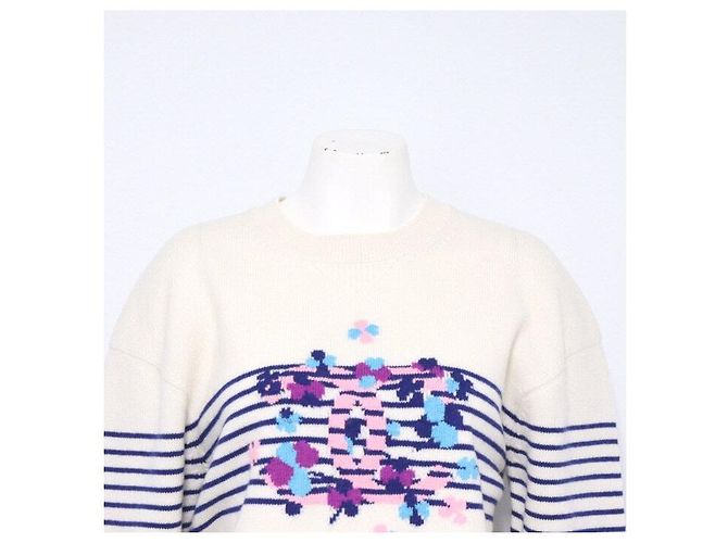 Chanel Gestreickter Cashmere-Pullover mit Blumenmuster für Damen mit Rundhalsausschnitt Weiß - Ansicht 2